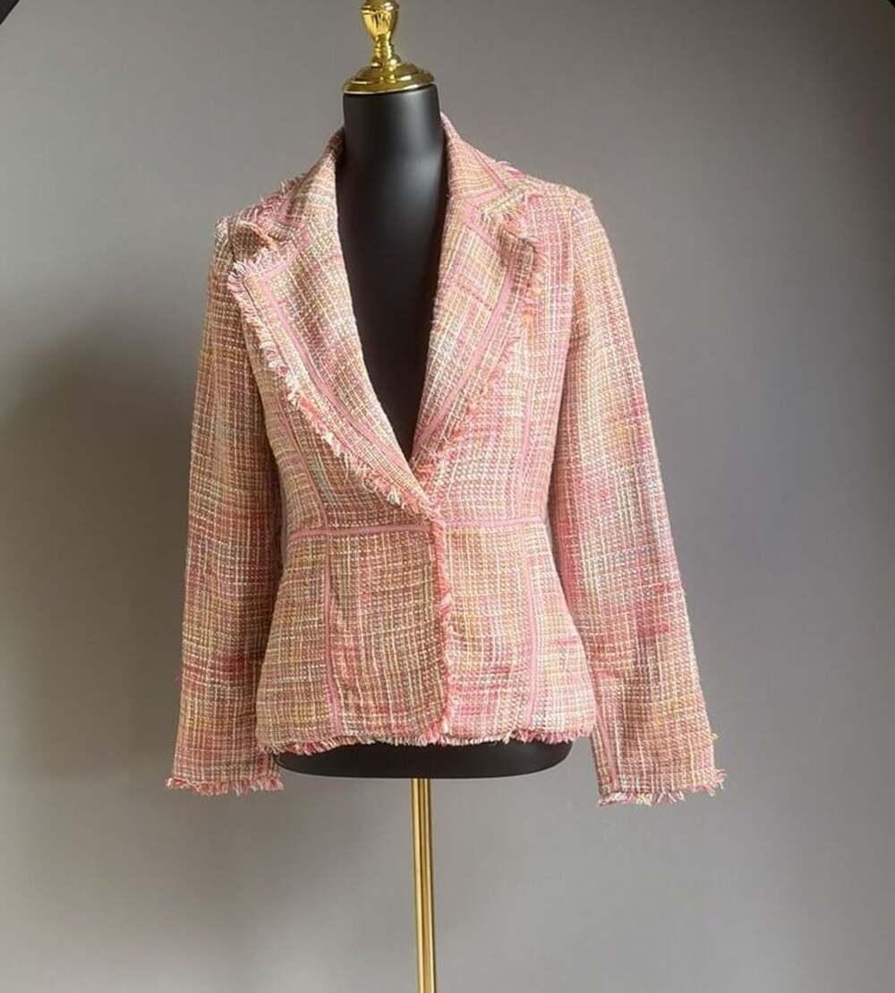 True Meaning Pastel Tweed Fringe Blazer Jacket Size S Pink Multicolored